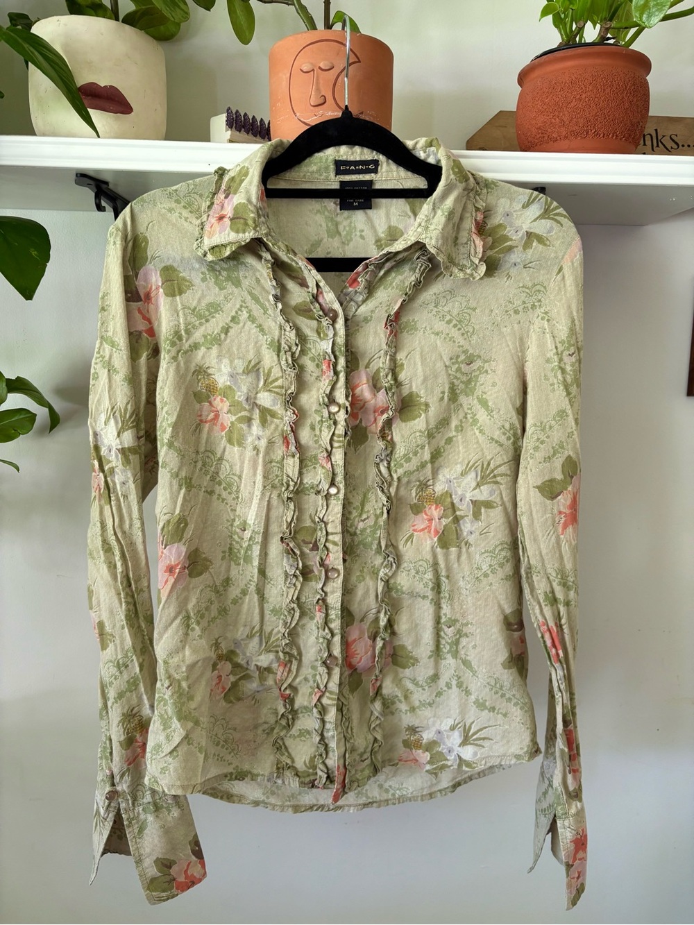 Etcetera Sage Green Floral Ruffle-Trim Button Blouse
